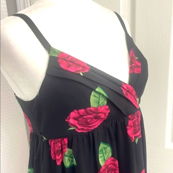 90s Betsey Johnson Silk Dress, Spaghetti Strap Midi Black with Pink Roses - Picture 7 of 9